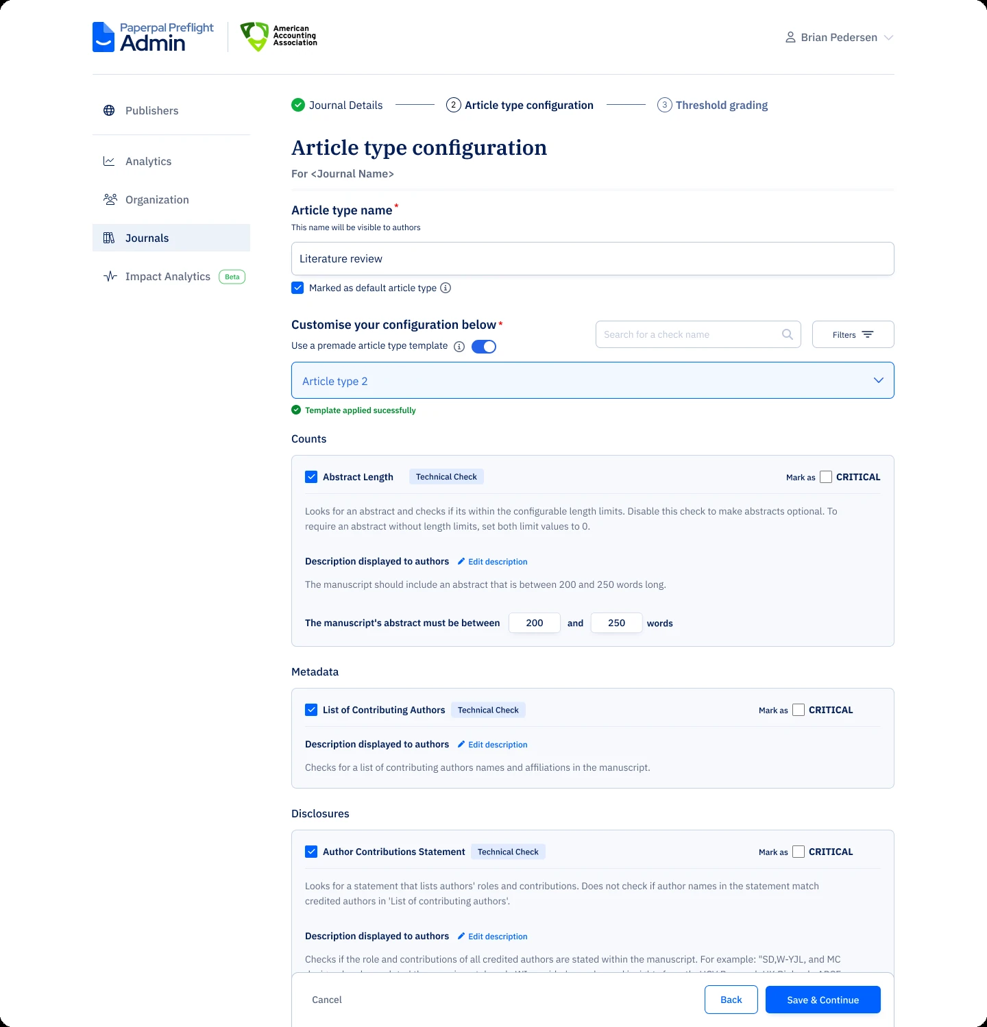 Paperpal Preflight Admin screen for article type configuration showing checks such as Abstract Length and List of Contributing Authors, each with a Mark as CRITICAL option