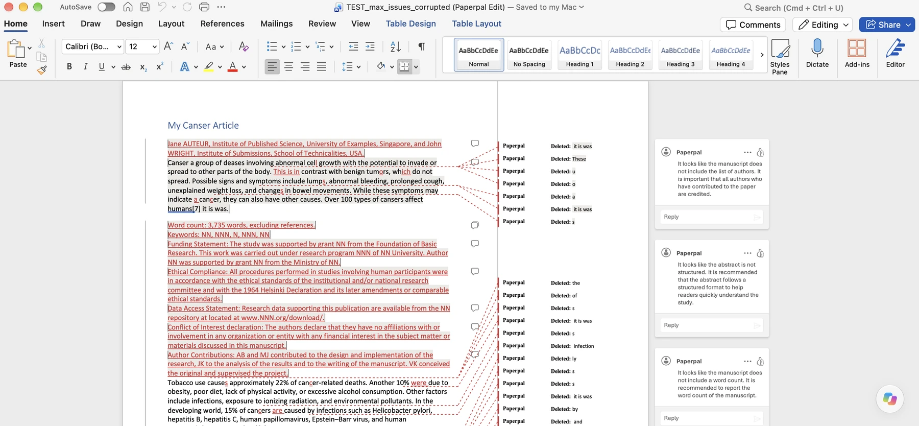 Word document with Paperpal tracked changes and margin comments on a sample manuscript