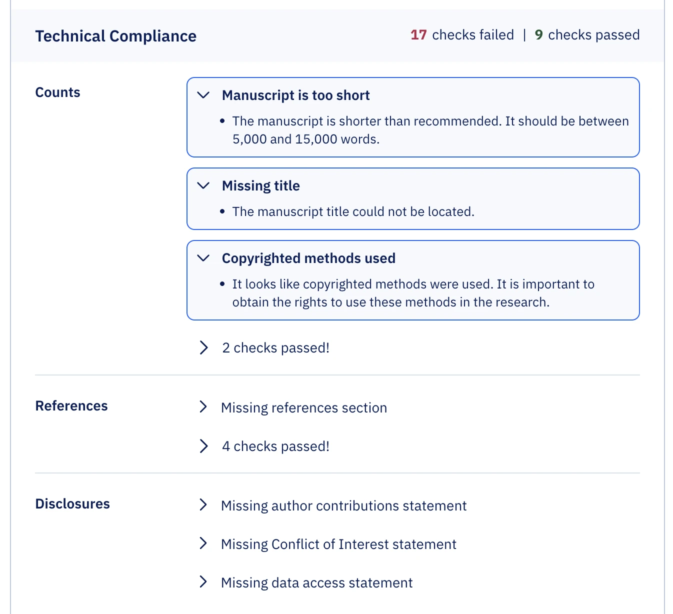 Technical Compliance section grouped into Counts, References and Disclosures with failed checks expanded and passed checks collapsed