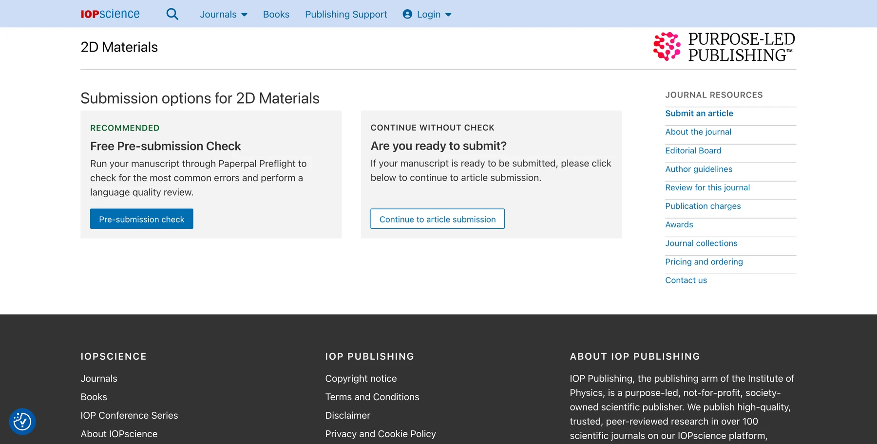 IOP Science submission options page for 2D Materials offering a free pre submission check with Paperpal Preflight next to a continue without check option