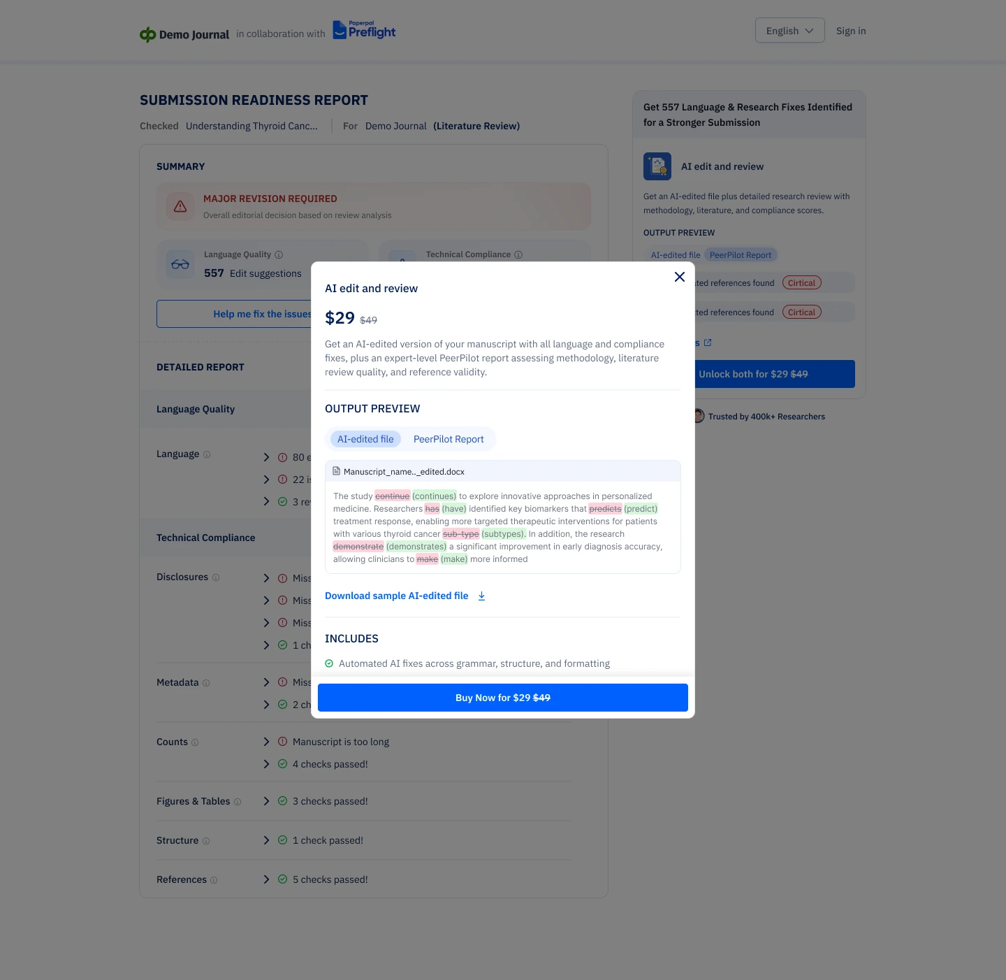AI edit and review purchase panel showing the price, an output preview of tracked fixes and what the purchase includes
